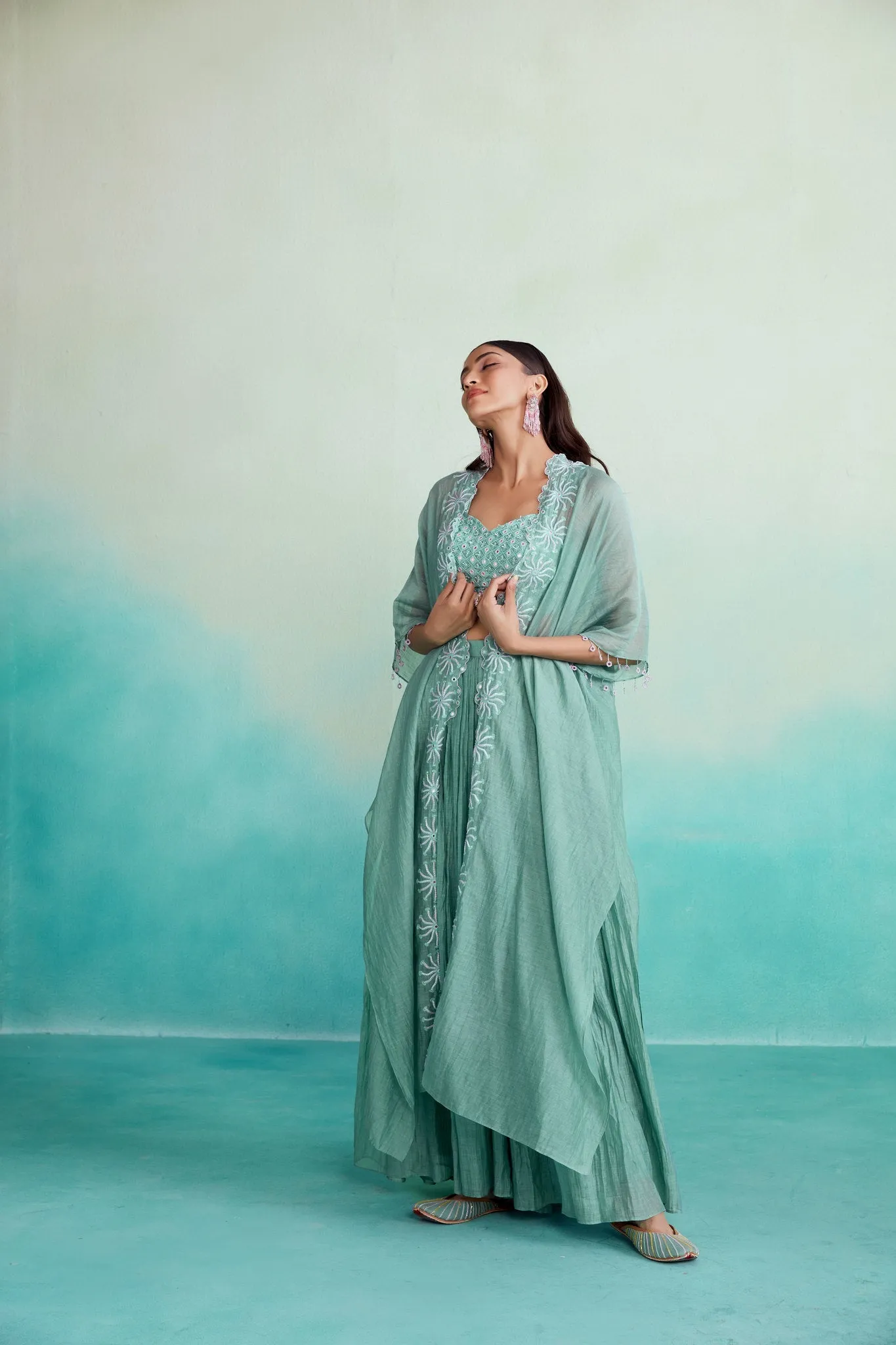 Zephyr jacket set - Mint Hand embroidered Jacket Crop top & Sharara set