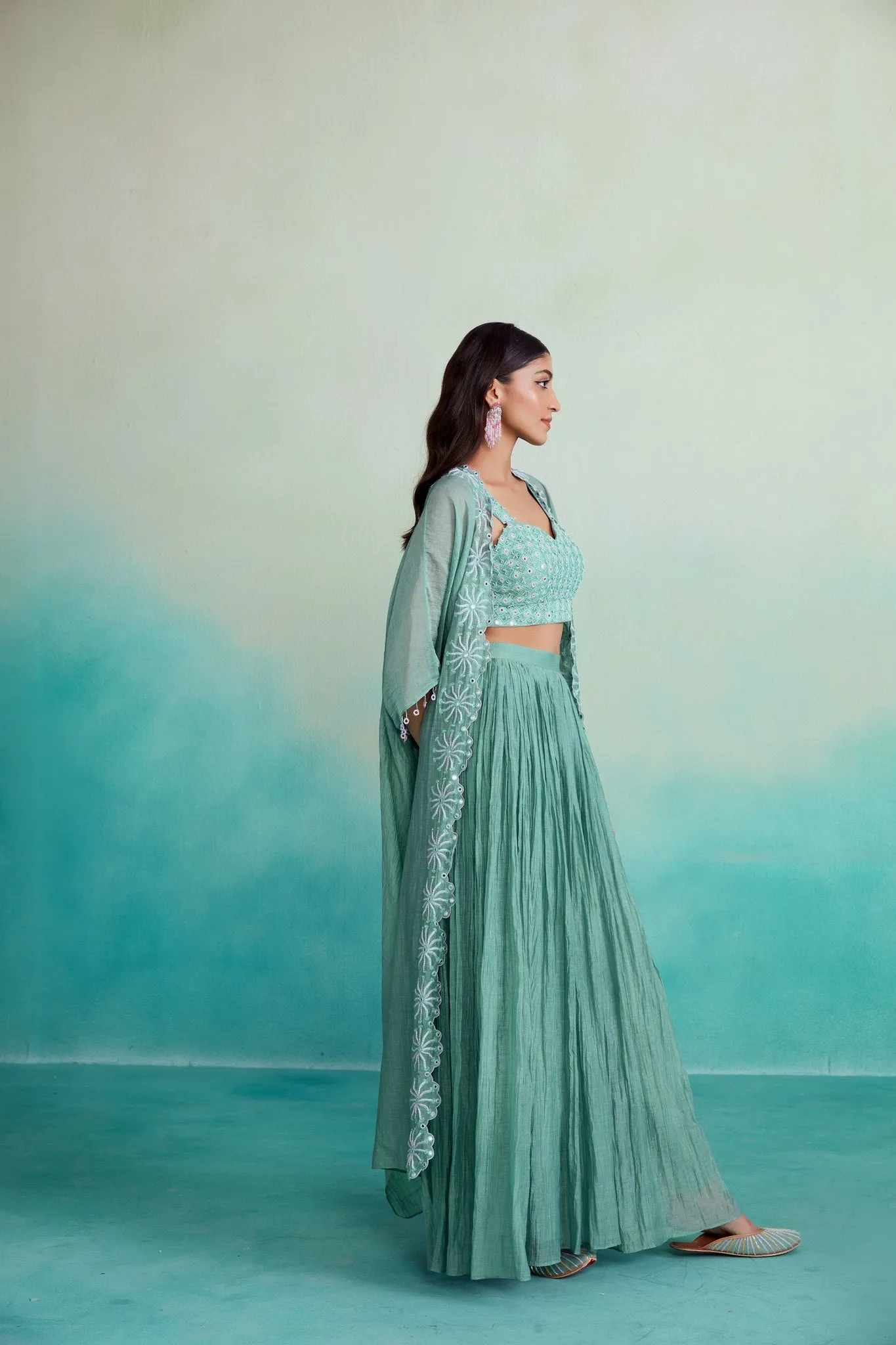 Zephyr jacket set - Mint Hand embroidered Jacket Crop top & Sharara set